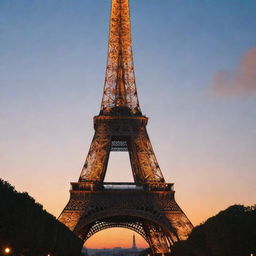 The iconic Eiffel Tower at dusk, with a dramatic illusion of smoke and fire emanating from it, while remaining unscathed.