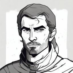 A dark DND illustration in black and white of a 30-year-old medieval man wearing a neutral expression