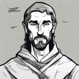 A dark DND illustration in black and white of a 30-year-old medieval man wearing a neutral expression