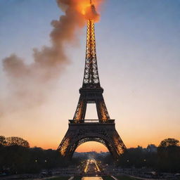 The iconic Eiffel Tower at dusk, with a dramatic illusion of smoke and fire emanating from it, while remaining unscathed.