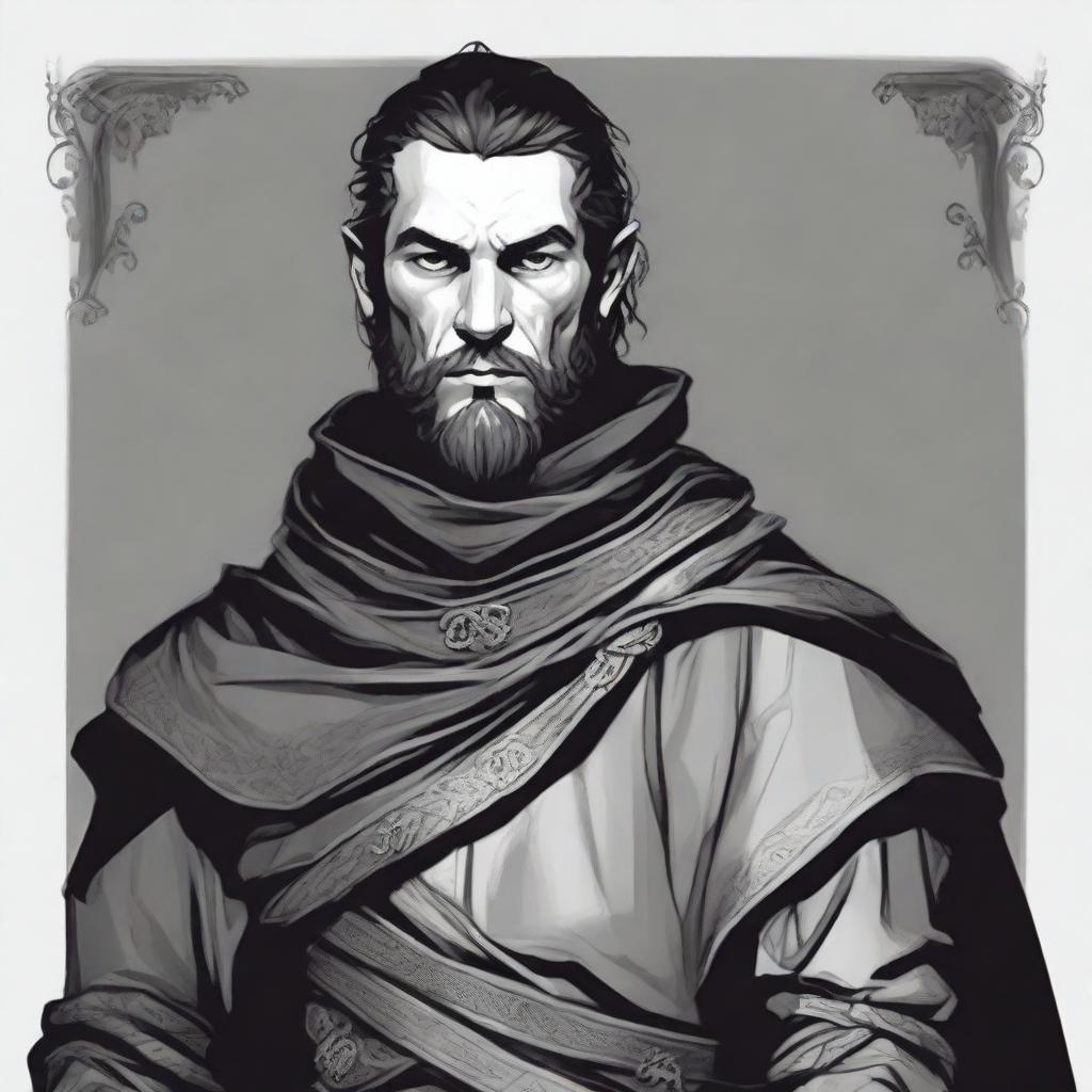 A dark DND illustration of a 30-year-old medieval man wearing a neutral expression, done in black and white