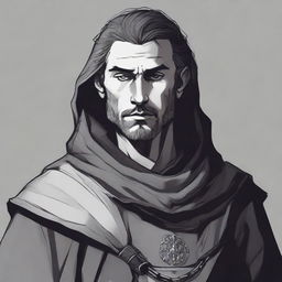 A dark DND illustration of a 30-year-old medieval man wearing a neutral expression, done in black and white