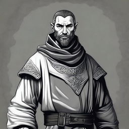 A dark DND illustration of a 30-year-old medieval man wearing a neutral expression, done in black and white