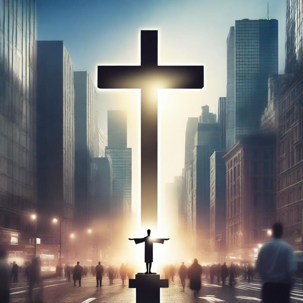 A serene and inspiring scene showcasing a cross in the middle of a bustling city