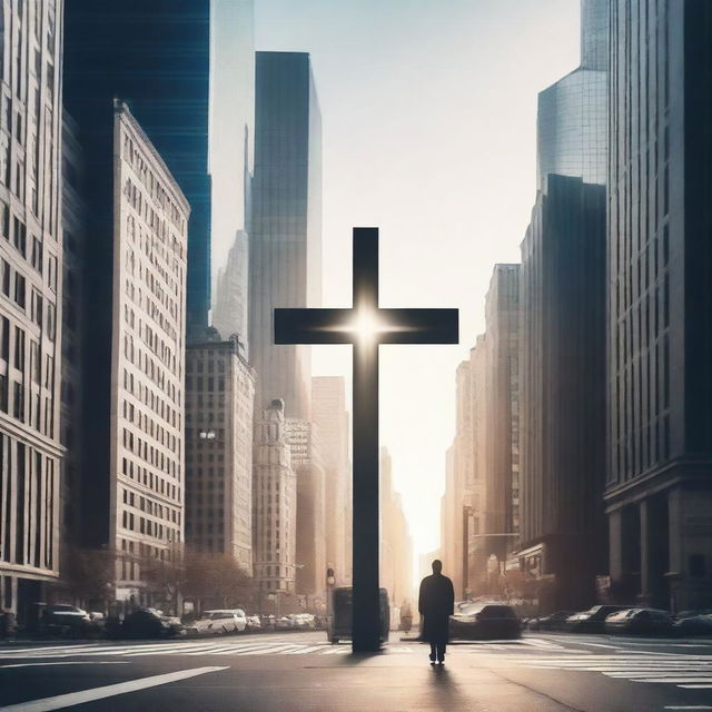 A serene and inspiring scene showcasing a cross in the middle of a bustling city