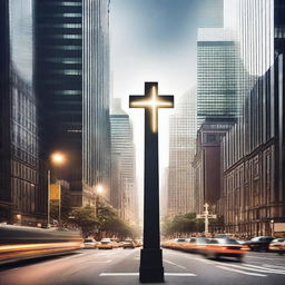 A serene and inspiring scene showcasing a cross in the middle of a bustling city