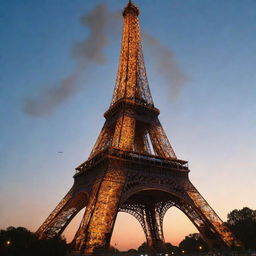 The iconic Eiffel Tower at dusk, with a dramatic illusion of smoke and fire emanating from it, while remaining unscathed.