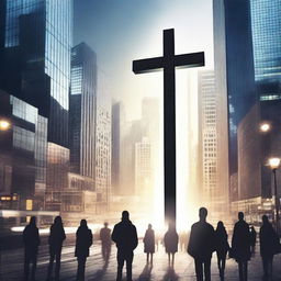 A serene and inspiring scene showcasing a cross in the middle of a bustling city