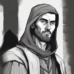 A dark DND illustration in black and white of a 30-year-old medieval man wearing a neutral expression