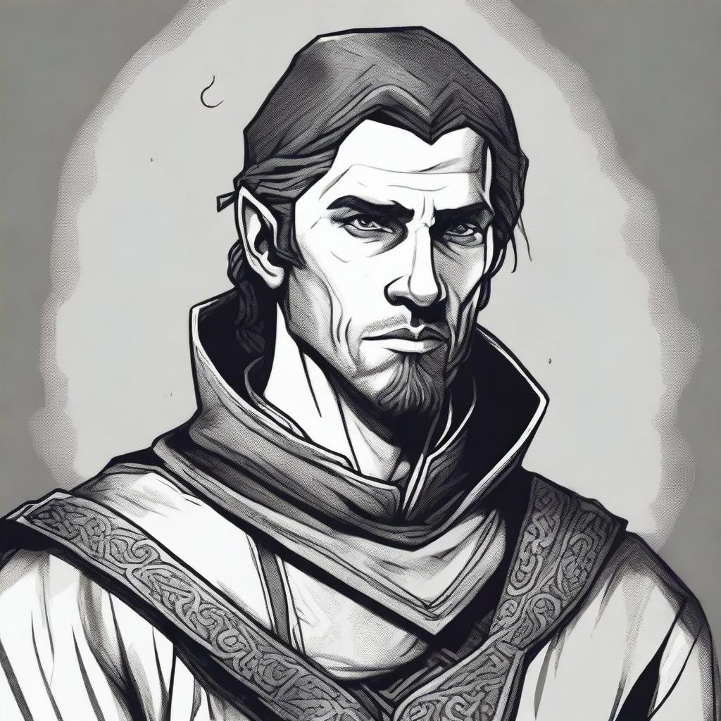 A dark DND illustration in black and white of a 30-year-old medieval man wearing a neutral expression