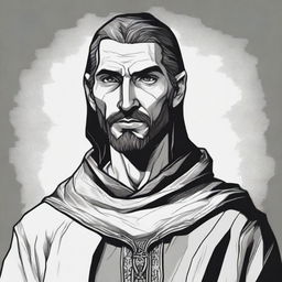 A dark DND illustration in black and white of a 30-year-old medieval man wearing a neutral expression