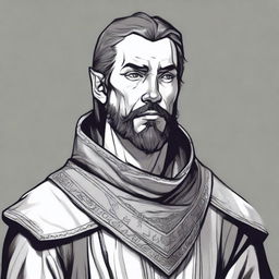 A dark DND illustration in black and white of a 30-year-old medieval man wearing a neutral expression