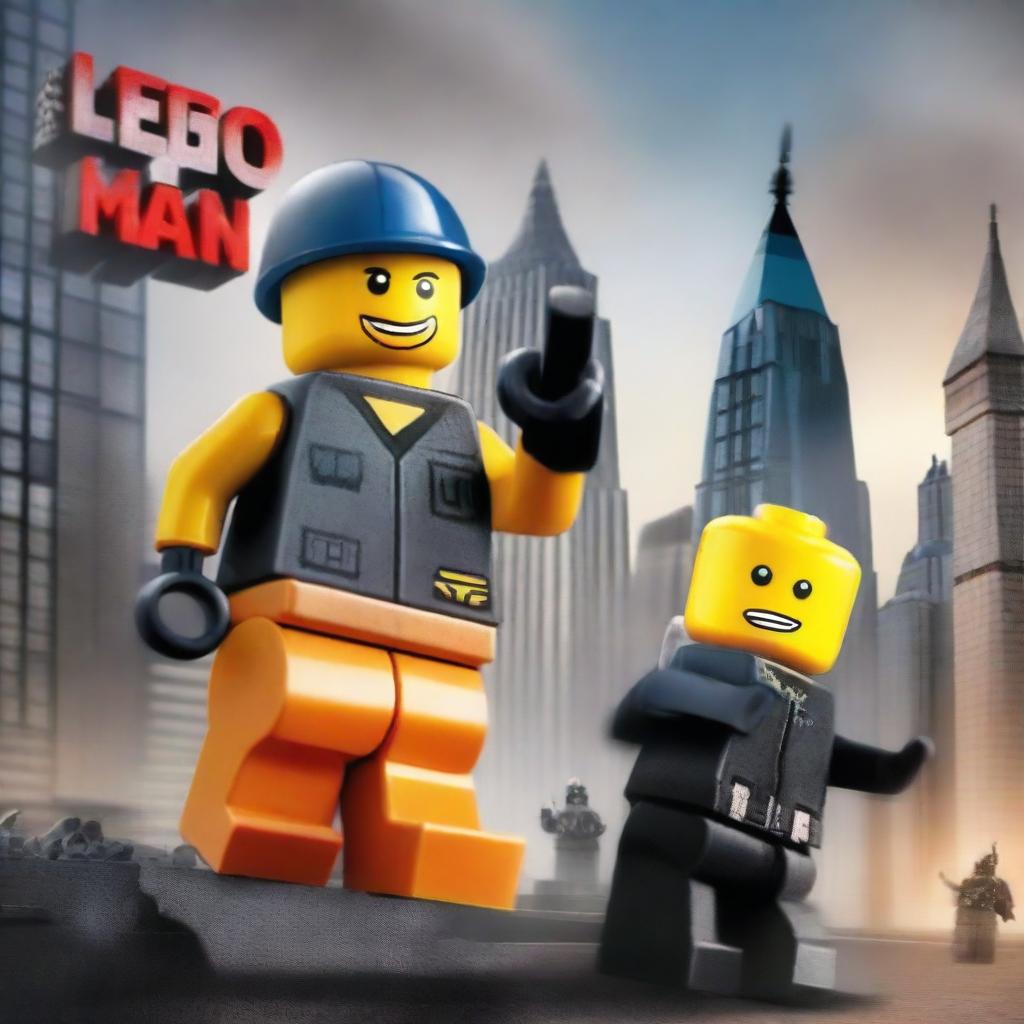 A movie poster for 'The Lego Man' featuring an evil criminal Lego guy and a SWAT Lego man working together to save the world