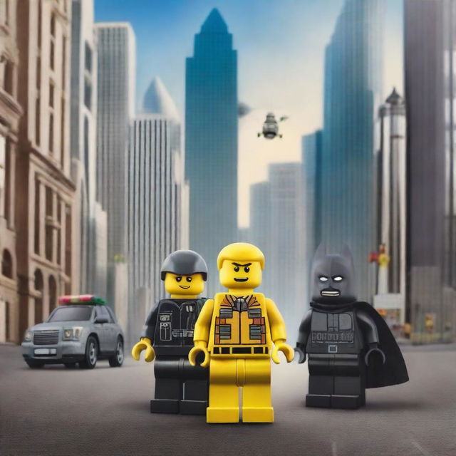 A movie poster for 'The Lego Man' featuring an evil criminal Lego guy and a SWAT Lego man working together to save the world