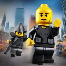 A movie poster for 'The Lego Man' featuring an evil criminal Lego guy and a SWAT Lego man working together to save the world