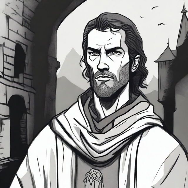 A dark DND illustration in black and white of a 30-year-old medieval man wearing a neutral expression