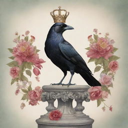 A whimsical illustration of a regal crow adorned with a crown, majestically perched upon a floral-draped pedestal with various offerings at its base.