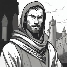 A dark DND illustration in black and white of a 30-year-old medieval man wearing a neutral expression