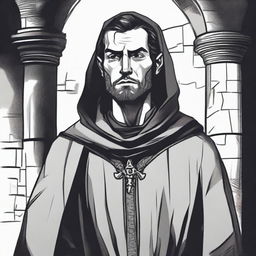 A dark DND illustration in black and white of a 30-year-old medieval man wearing a neutral expression