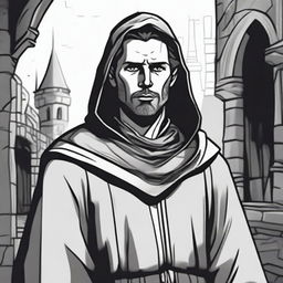 A dark DND illustration in black and white of a 30-year-old medieval man wearing a neutral expression