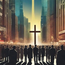 A captivating scene depicting people looking at a cross in the middle of a bustling city