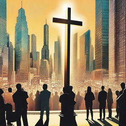 A captivating scene depicting people looking at a cross in the middle of a bustling city