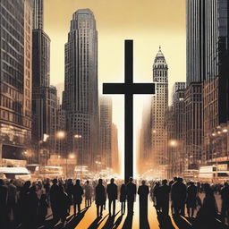 A captivating scene depicting people looking at a cross in the middle of a bustling city