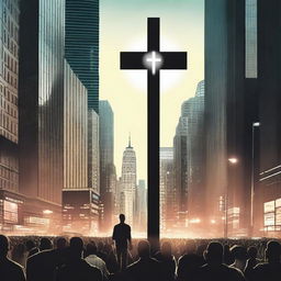 A captivating scene depicting people looking at a cross in the middle of a bustling city