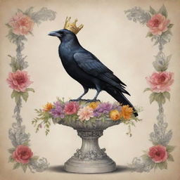 A whimsical illustration of a regal crow adorned with a crown, majestically perched upon a floral-draped pedestal with various offerings at its base.