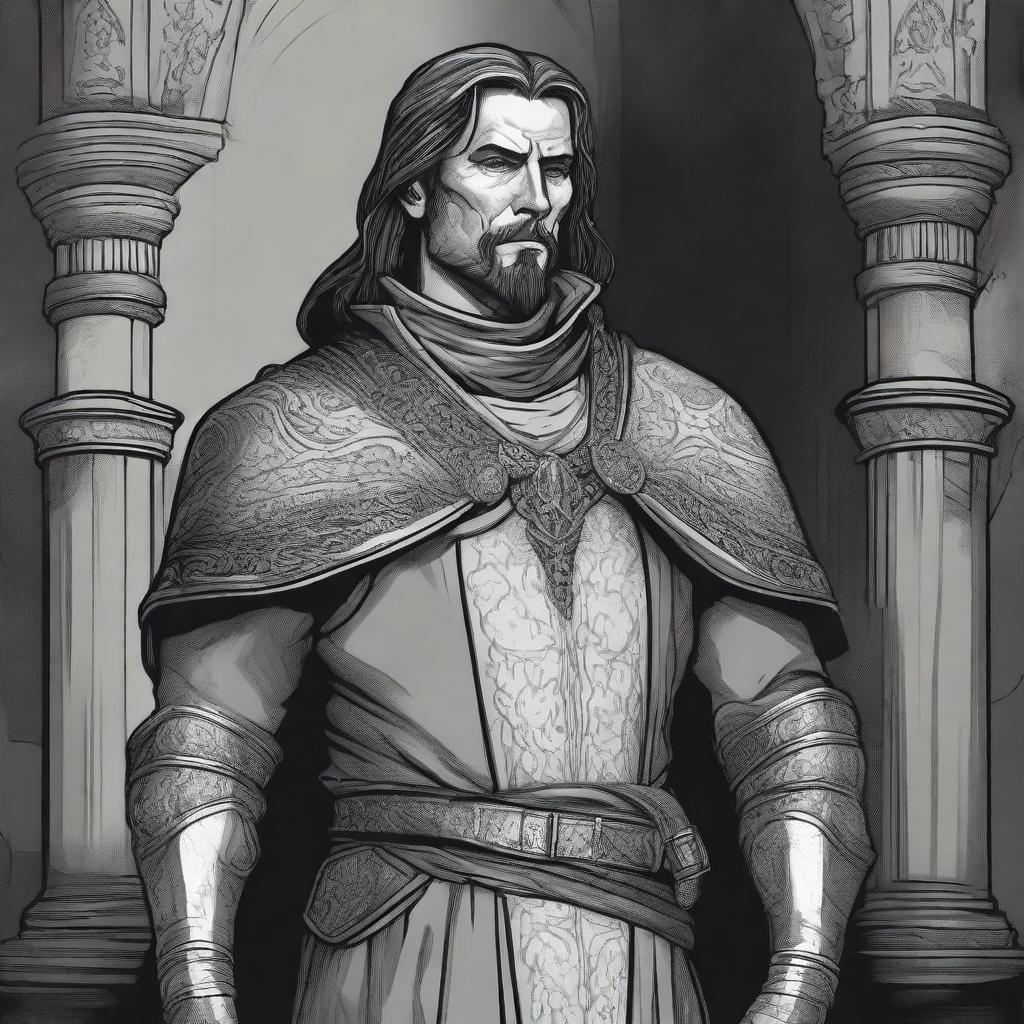 A dark DND illustration in black and white of a 30-year-old medieval noble wearing a dreary, stoic expression