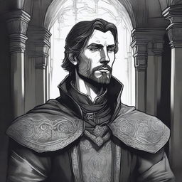 A dark DND illustration in black and white of a 30-year-old medieval noble wearing a dreary, stoic expression