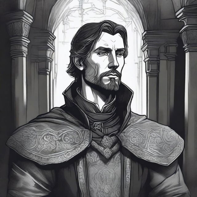 A dark DND illustration in black and white of a 30-year-old medieval noble wearing a dreary, stoic expression