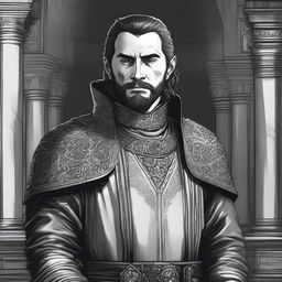 A dark DND illustration in black and white of a 30-year-old medieval noble wearing a dreary, stoic expression