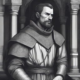 A dark DND illustration in black and white of a 30-year-old medieval noble wearing a dreary, stoic expression