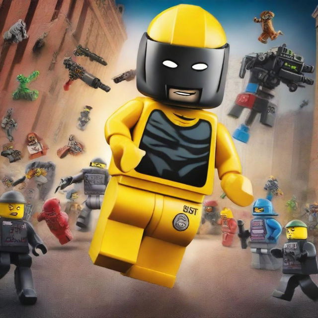 A movie poster for 'The Lego Man' featuring an evil criminal Lego guy who looks like a robber, a Swat Lego man saving the world, and evil battle machines that look like robots trying to take over the world