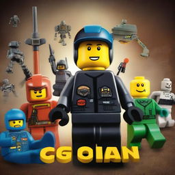 A movie poster for 'The Lego Man' featuring an evil criminal Lego guy who looks like a robber, a Swat Lego man saving the world, and evil battle machines that look like robots trying to take over the world