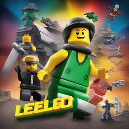 A movie poster for 'The Lego Man' featuring an evil criminal Lego guy who looks like a robber, a Swat Lego man saving the world, and evil battle machines that look like robots trying to take over the world