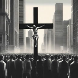 A striking and thought-provoking scene depicting people looking at Jesus on the cross in the middle of the city