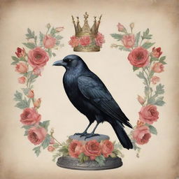 A whimsical illustration of a regal crow adorned with a crown, majestically perched upon a floral-draped pedestal with various offerings at its base.