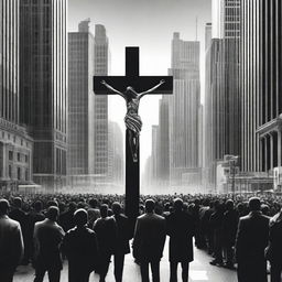 A striking and thought-provoking scene depicting people looking at Jesus on the cross in the middle of the city