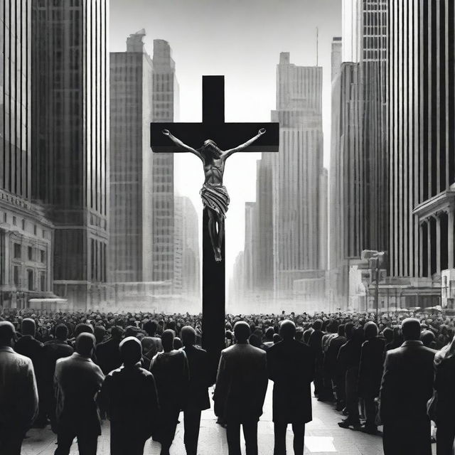 A striking and thought-provoking scene depicting people looking at Jesus on the cross in the middle of the city