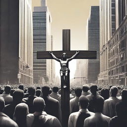 A striking and thought-provoking scene depicting people looking at Jesus on the cross in the middle of the city