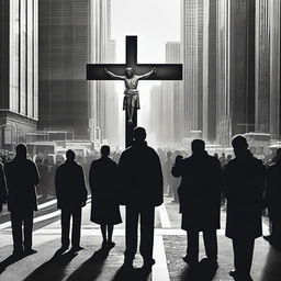 A striking and thought-provoking scene depicting people looking at Jesus on the cross in the middle of the city