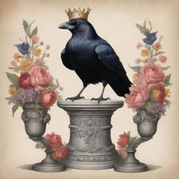 A whimsical illustration of a regal crow adorned with a crown, majestically perched upon a floral-draped pedestal with various offerings at its base.