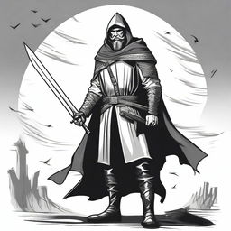 A dark DND illustration of a 30-year-old medieval bailiff wielding a halberd, done in black and white