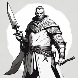 A dark DND illustration of a 30-year-old medieval bailiff wielding a halberd, done in black and white