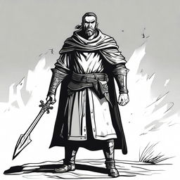 A dark DND illustration of a 30-year-old medieval bailiff wielding a halberd, done in black and white