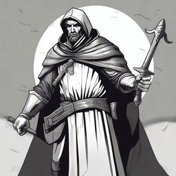 A dark DND illustration of a 30-year-old medieval bailiff wielding a halberd, done in black and white