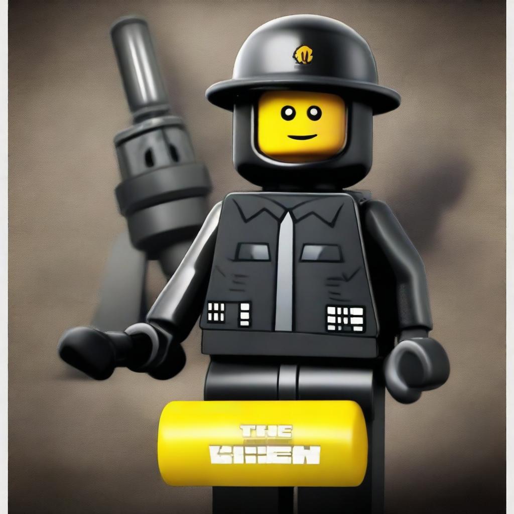 A movie poster for 'The Lego Man' featuring an evil criminal Lego guy that looks like a robber, a SWAT Lego man with guns and a shirt that says 'polizi' wearing a black helmet, and a super awesome and pretty girl