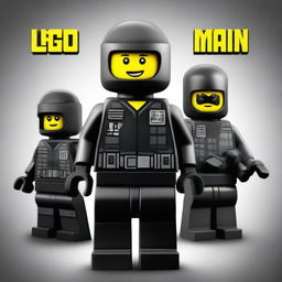 A movie poster for 'The Lego Man' featuring an evil criminal Lego guy that looks like a robber, a SWAT Lego man with guns and a shirt that says 'polizi' wearing a black helmet, and a super awesome and pretty girl